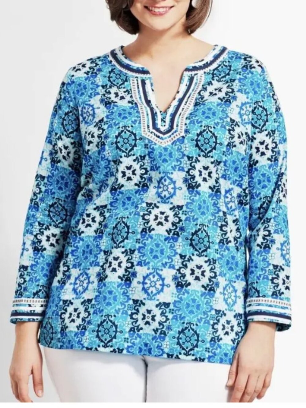 Talbots 3X Boho Tile Print Split Neck Longline Blouse Shirt Top